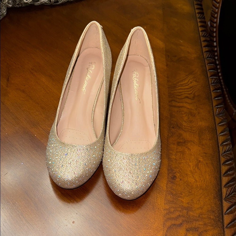 Refresh Women's Gold Glitter Heels with Pink Insole
